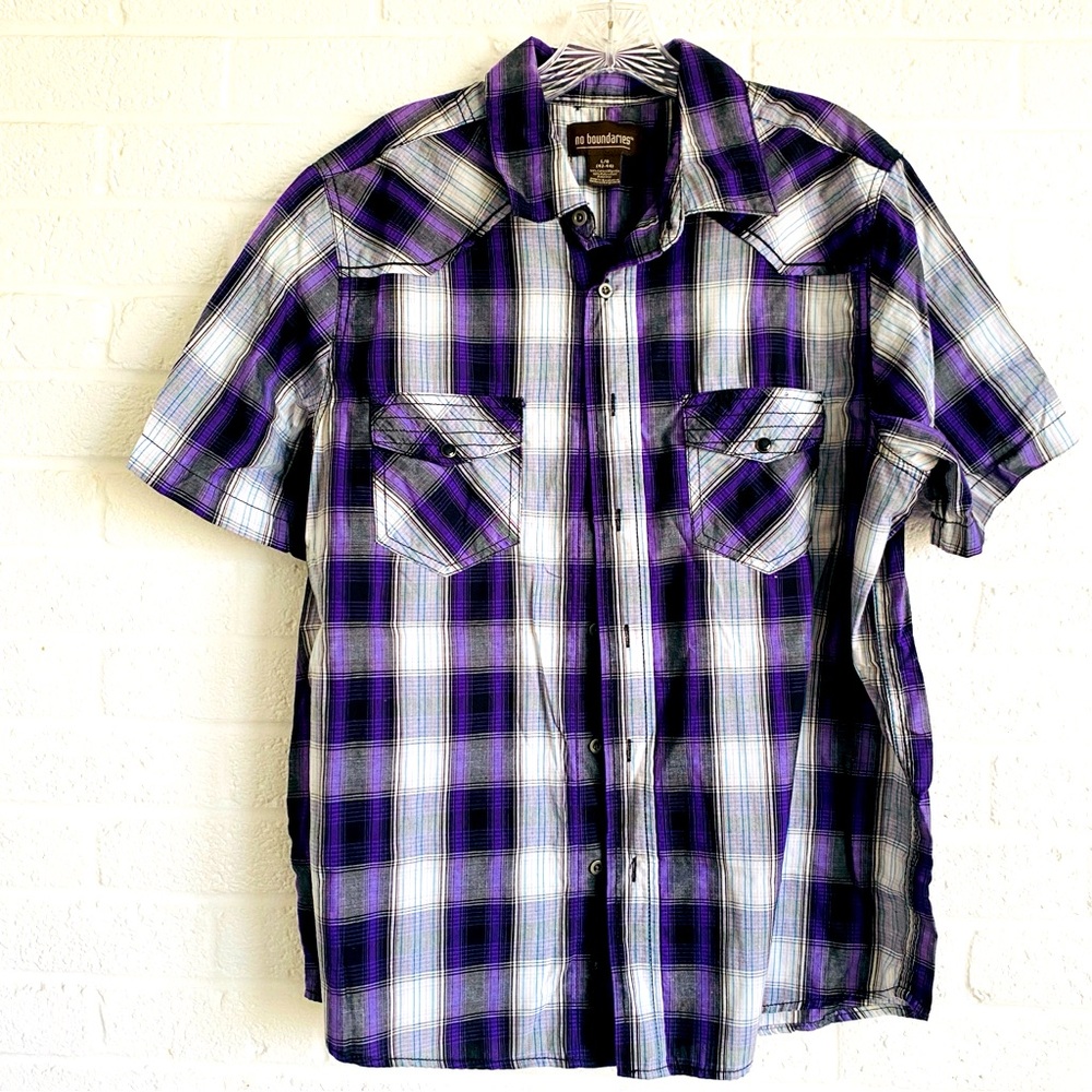 NO BOUNDARIES PLAID PURPLE SHORT SLEEVE SHIRT COTTON POLYESTER LARGE